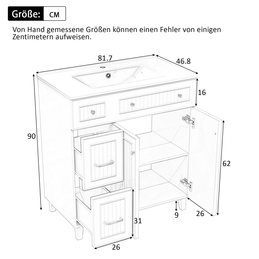 Mobile bagno freestanding con lavabo in ceramica, struttura in MDF laccato, gambe in legno massiccio e spazio contenitivo multiuso