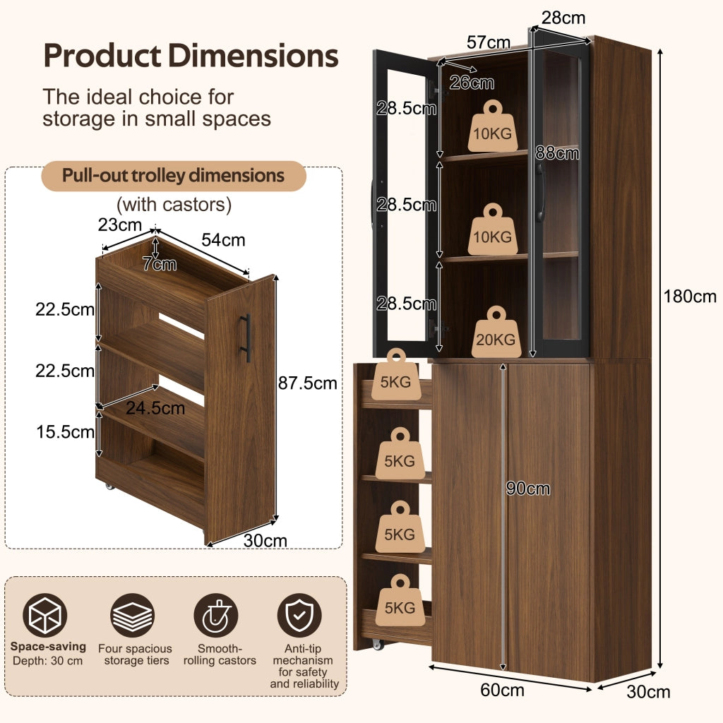 Mobile dispensa stretto 60×30×180 cm con ante in vetro, carrello estraibile e 4 ripiani