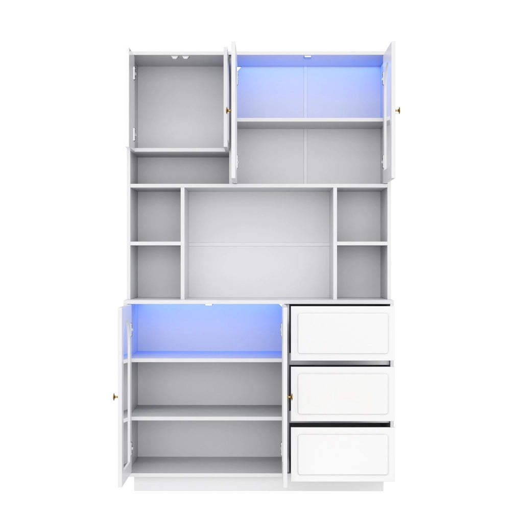 Credenza alta bianca con LED APP, ante acriliche e 3 cassetti
