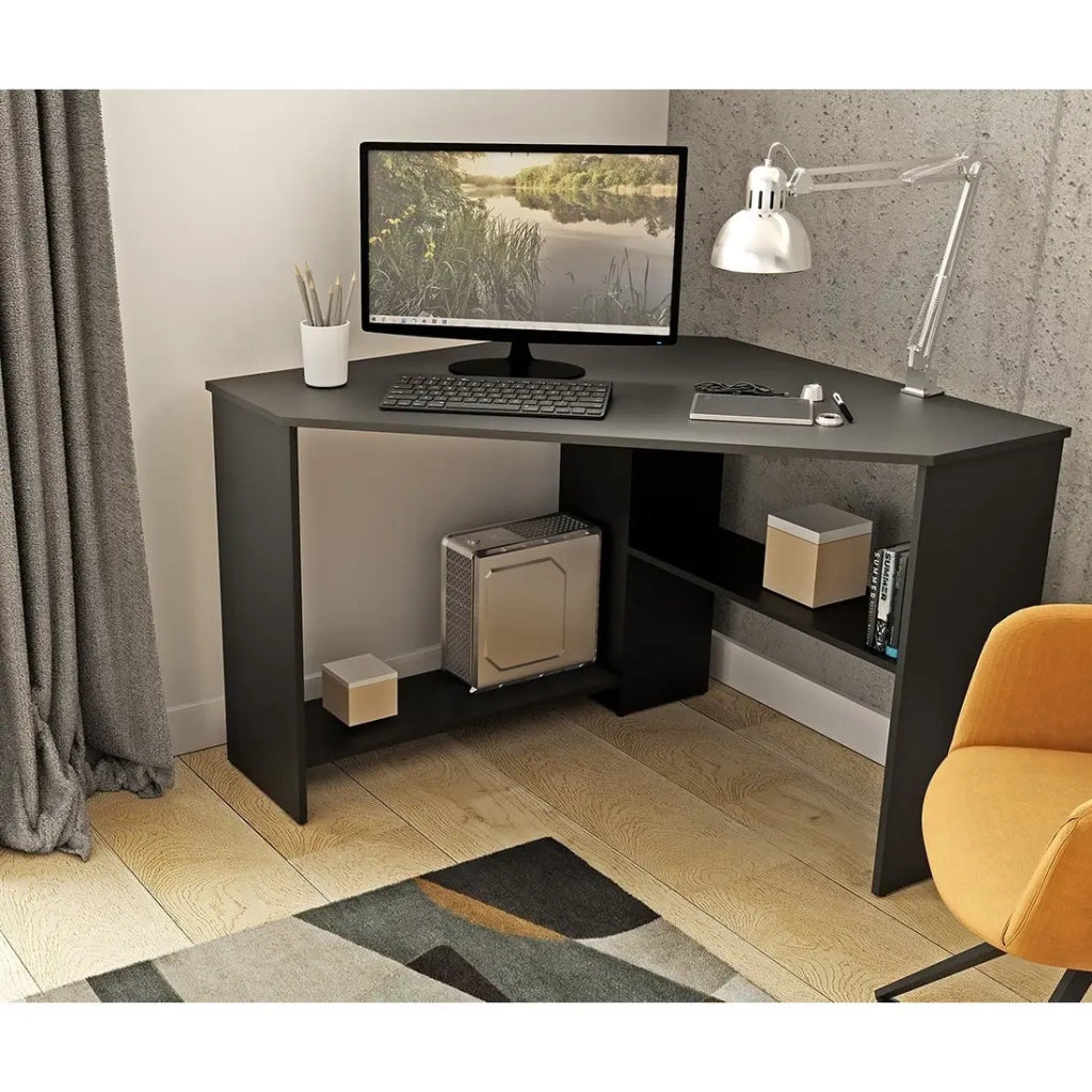 Scrivania ad angolo KARO – Nero opaco – Design compatto con vani di stoccaggio intermedi