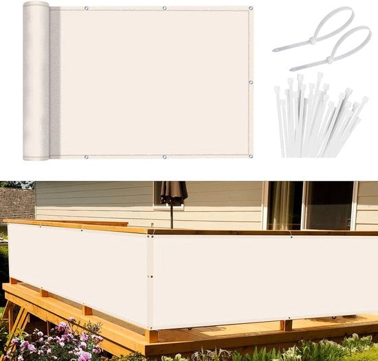 Schermo per balcone, protezione vista, copertura balcone, 90 x 400 cm, schermo vento, opaco, rivestimento balcone, PES 170 g/m², protezione vento e UV, con fissaggi e cavi, bianco crema