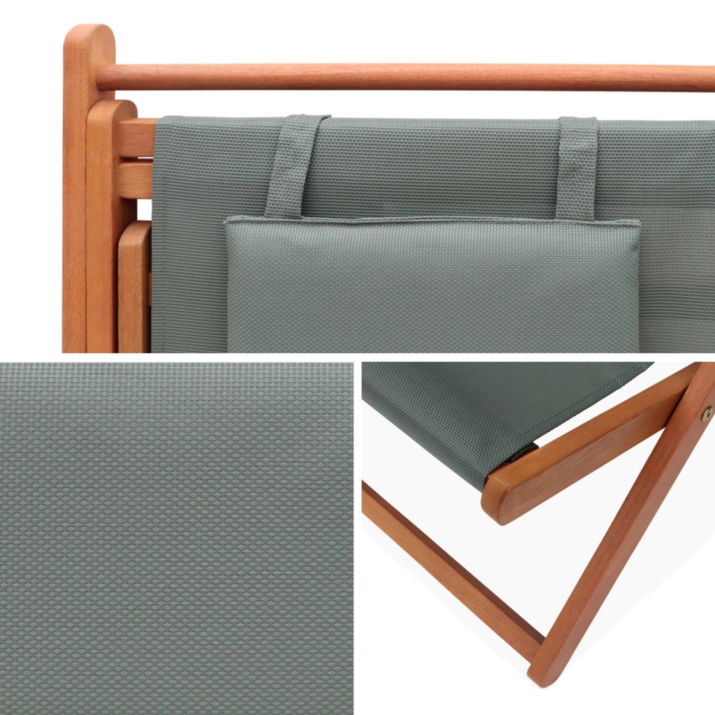 Set 2 lettini prendisole in legno con cuscino poggiatesta, verde kaki