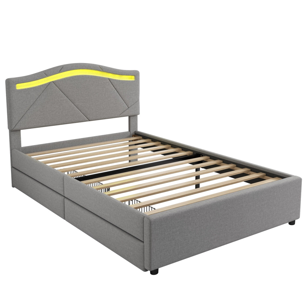 Letto imbottito 90x200 cm con LED; cassetti e testiera regolabile in lino grigio