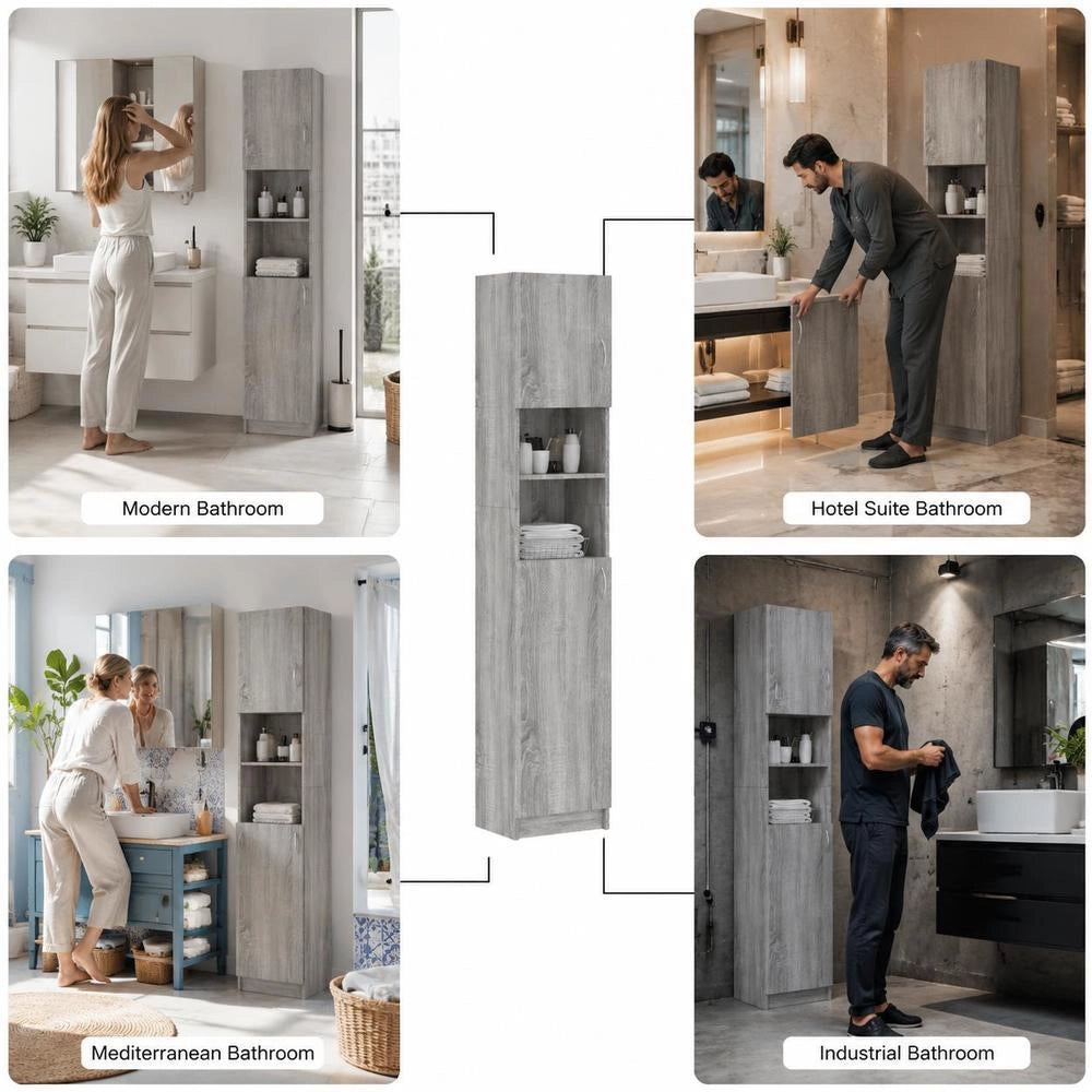 Bathroom Cabinet, Grey Sonoma, 32x25.5x190 Cm, Wood-based Material