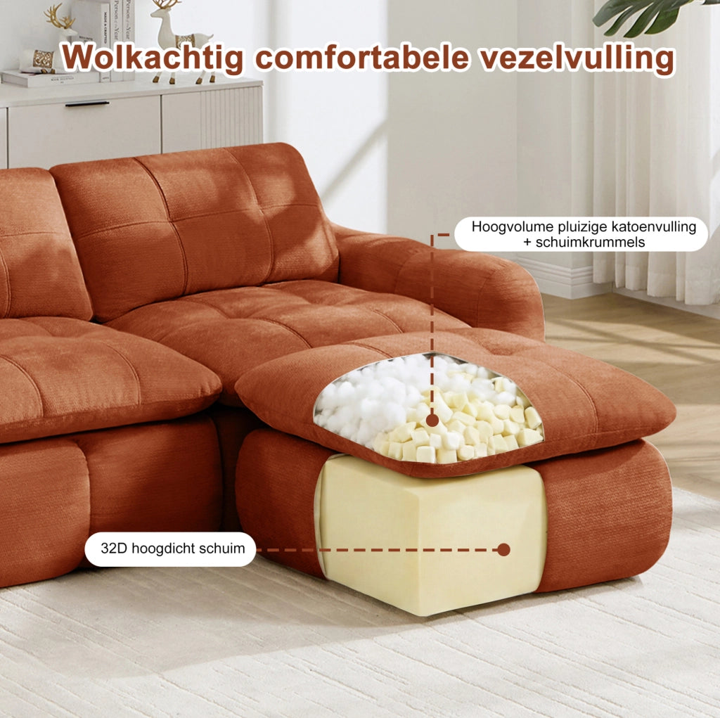 Divano modulare a 3 posti arancione senza struttura con rivestimento in chenille e design a quadretti