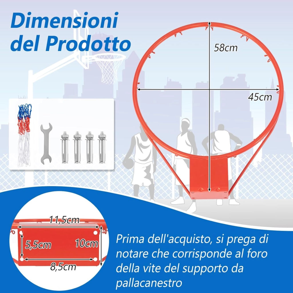 Canestro da Basket a Parete, Anello da Pallacanestro da Muro per Bambini e Adulti con Rete Antipioggia, Cerchio Universale da Basket per Interni ed Esterni