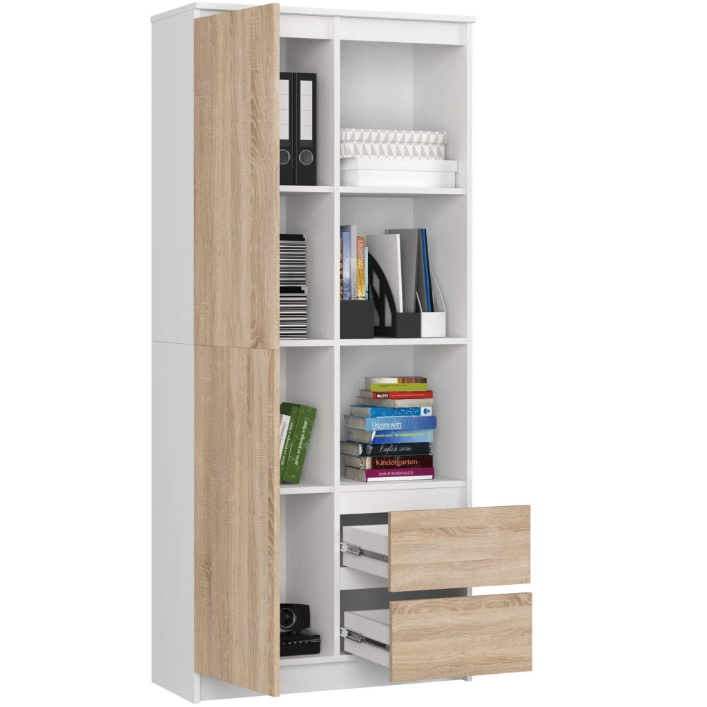 Libreria AKORD R11 Bianco, Sonoma Quercia 80 cm 2 ante 2 cassetti 80x35x180 cm