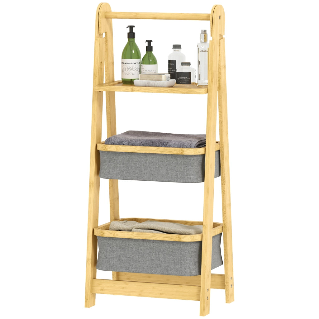 Ripiano Pieghevole per Bagno in Bamb¨´ con 2 Cestini per Biancheria ¨C zephmum ¨C Grigio 40x30x40 cm