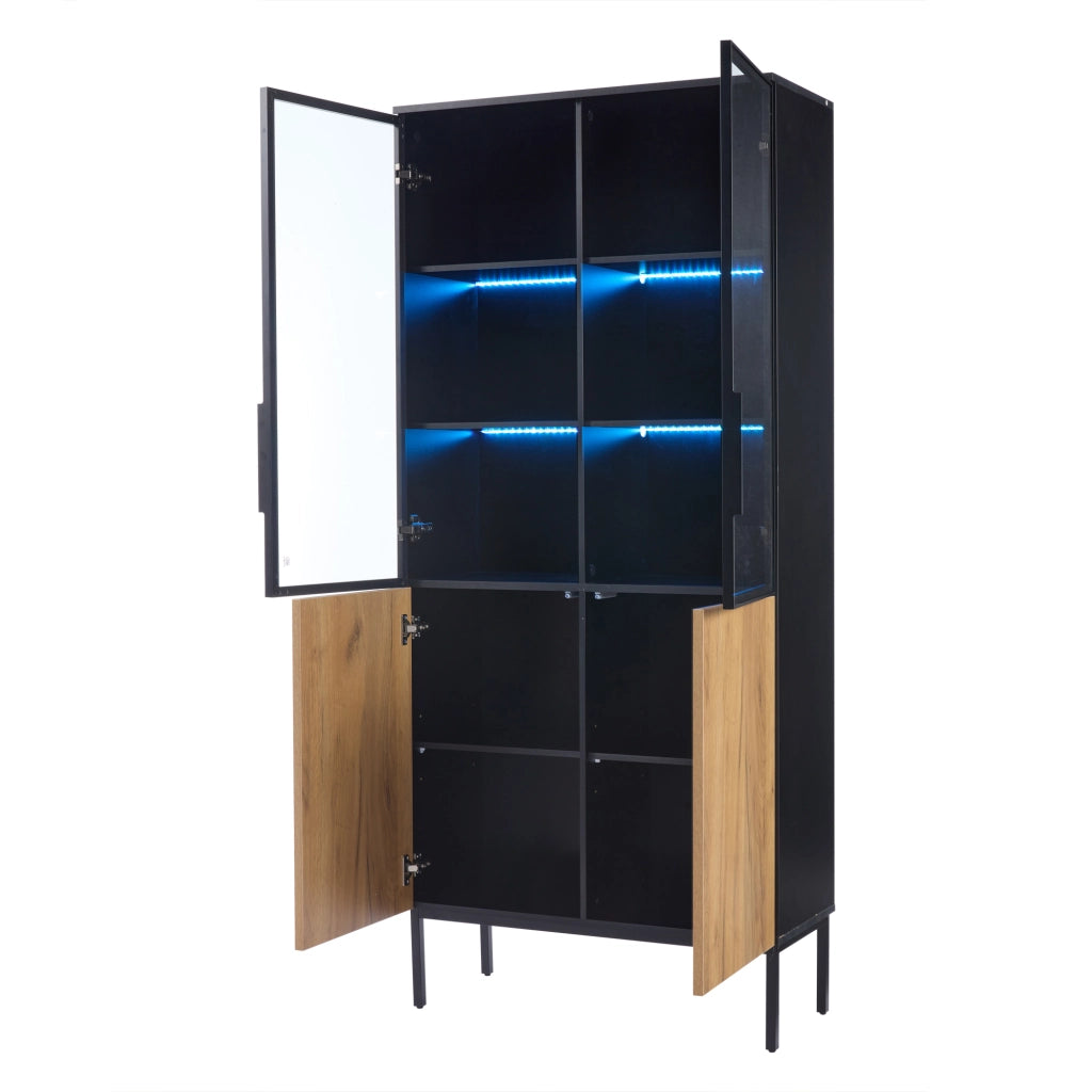 Vetrina con ante in vetro, LED controllato da smartphone, 3 ripiani regolabili, per soggiorno, 74 × 31 × 180 cm