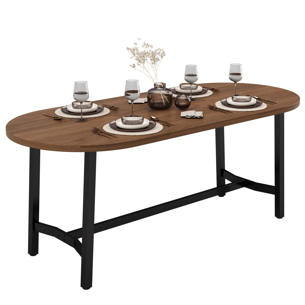 Tavolo da pranzo 180x80 cm con angoli arrotondati; in MDF e ferro; colore noce
