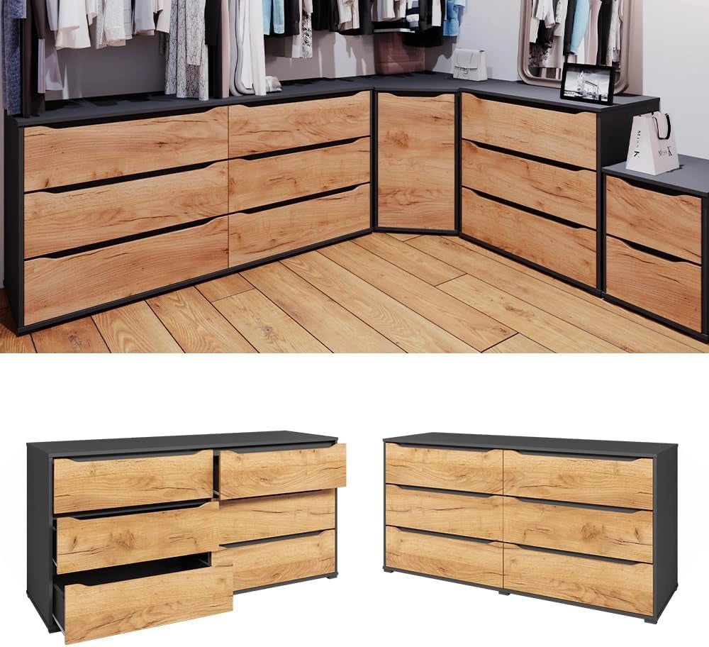 Credenza Ruben, Quercia dorata, 48 x 77.6 cm con cassetti, per riporre abiti e oggetti di uso quotidiano