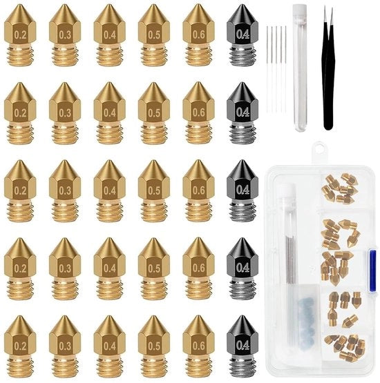 Spazzole per stampante 3D 30 pezzi - 3D-Printersproeiers MK8 5 x 0,4 mm - Spazzole per stampante 3D in ottone 0,2/0,3/0,4/0,5/0,6 mm - Kit di pulizia - Adatto per Anycubic Mega/Creality - Spazzole per stampante 3D