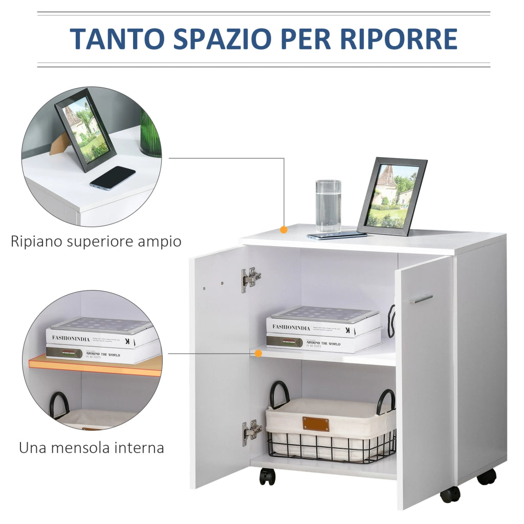EasyComfort Mobile TV Moderno Multiuso in Legno con 4 Ruote e Freni, 2 Ante con 2 Ripiani, 60x35x65 cm, Bianco
