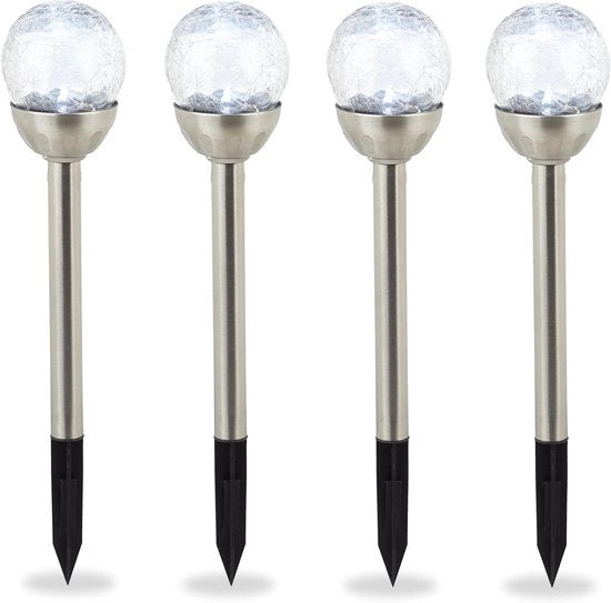 Set di lampade da giardino a luce bianca con look vetro frantumato acqua resistente, 4 pezzi, con piede terra e design moderno in acciaio inox.