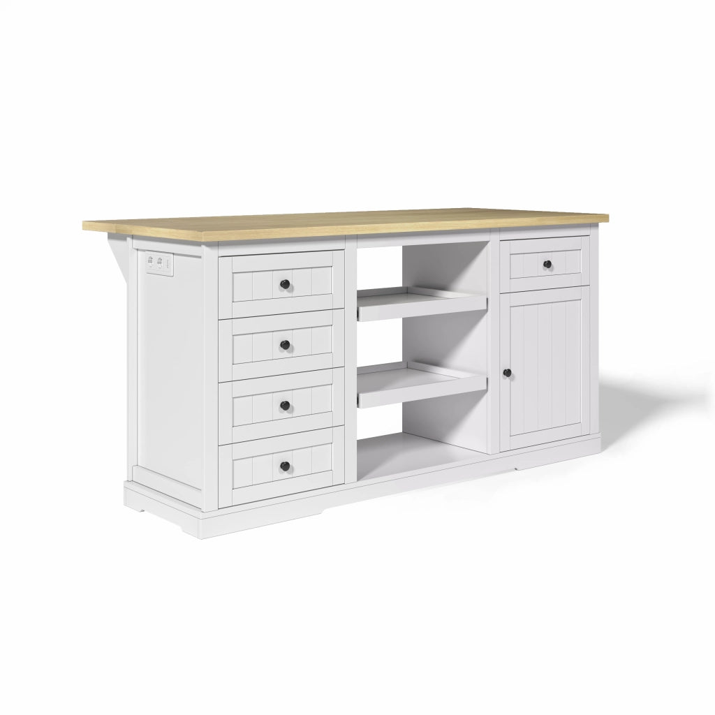 Credenza autoportante con 5 cassetti 2 ripiani estraibili prese e USB MDF bianco e naturale 150 × 65 × 75,5 cm
