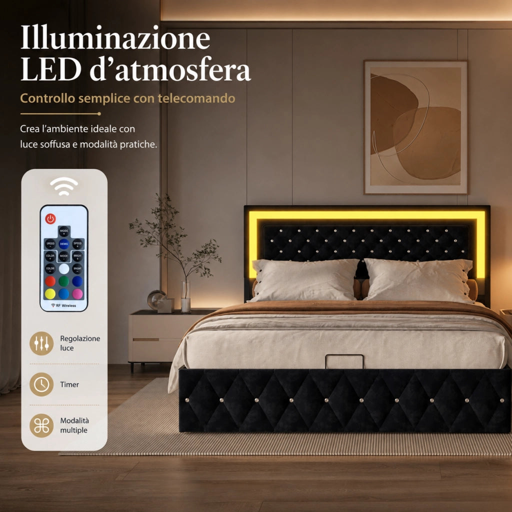 Letto con vano contenitore idraulico 160x200cm, rivestimento velluto nero, testiera trapuntata LED RGB controllabile da telecomando