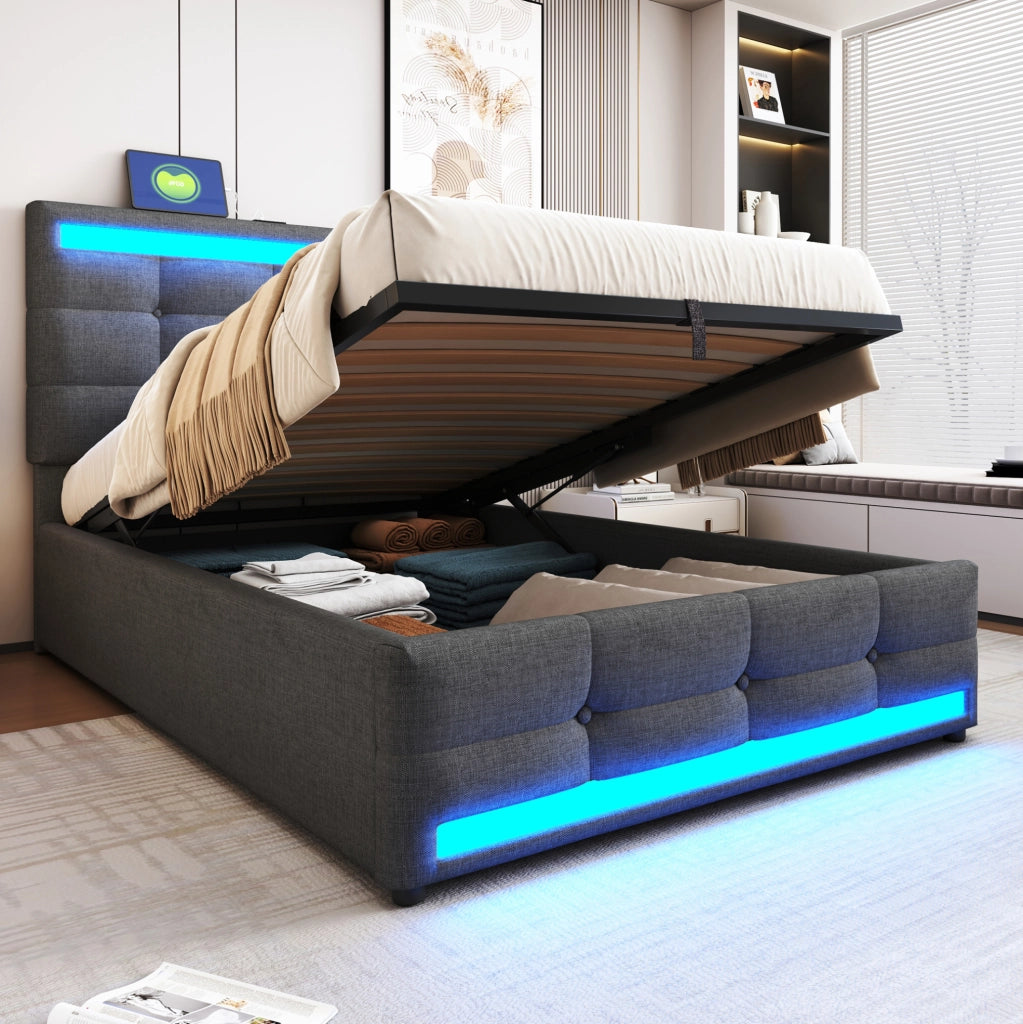 Letto imbottito ULEVR 90x200 cm con LED RGB, 2 porte USB e testiera regolabile, tessuto grigio