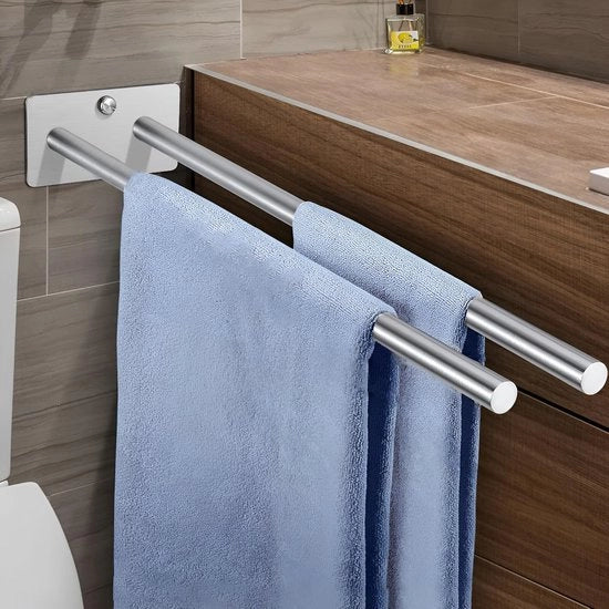 Sostegno asciugamani in acciaio inossidabile senza fori 304 Sostegno doppio asciugamani in acciaio inossidabile Due braccia per asciugamani da bagno Sostegno asciugamani per bagno e cucina Sostegno asciugamani per parete con due braccia