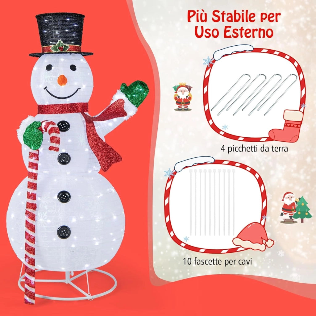 Pupazzo di Neve Luminoso da 150 cm, Decorazione Natalizia con 180 Luci LED, Cappello, Sciarpa, Decorazione Natalizia per Interni ed Esterni per Feste, Balcone, Giardino