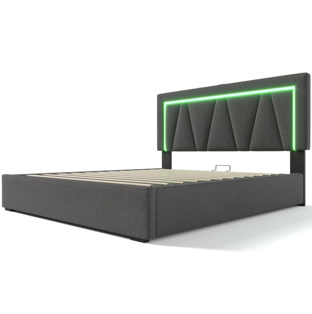 Letto contenitore 160x200 cm con testiera regolabile; LED; USB C; USB; grigio