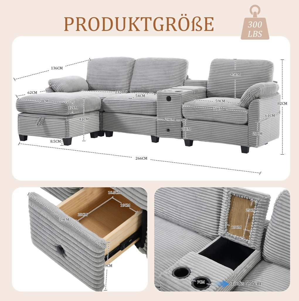 Divano modulare in corduroy grigio chiaro con memory foam; USB-C e pouf contenitore 266 cm