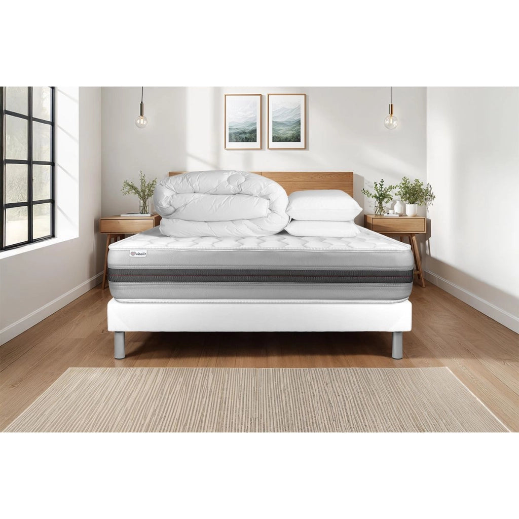 Pacchetto letto completo - Materasso 160x200cm + Box spring con doghe (in kit) + 2 cuscini + Piumino - Vitalspring Recover
