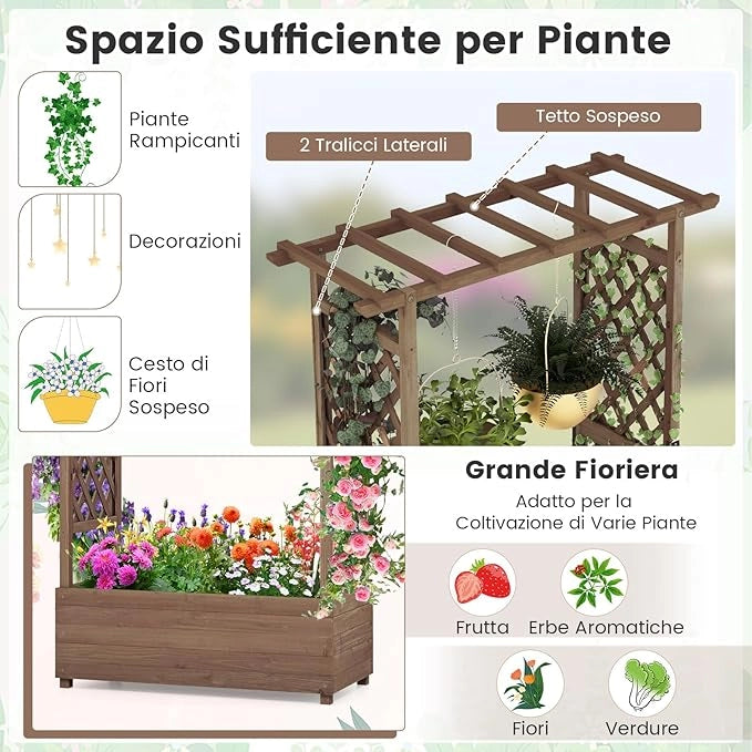 Aiuola Rialzata con Traliccio, Pergolato e Fori di Drenaggio, Fioriera Elevata da Esterno in Legno per Piante Rampicanti, Vite e Fiore,110 x 44 x 182 cm (Marrone)