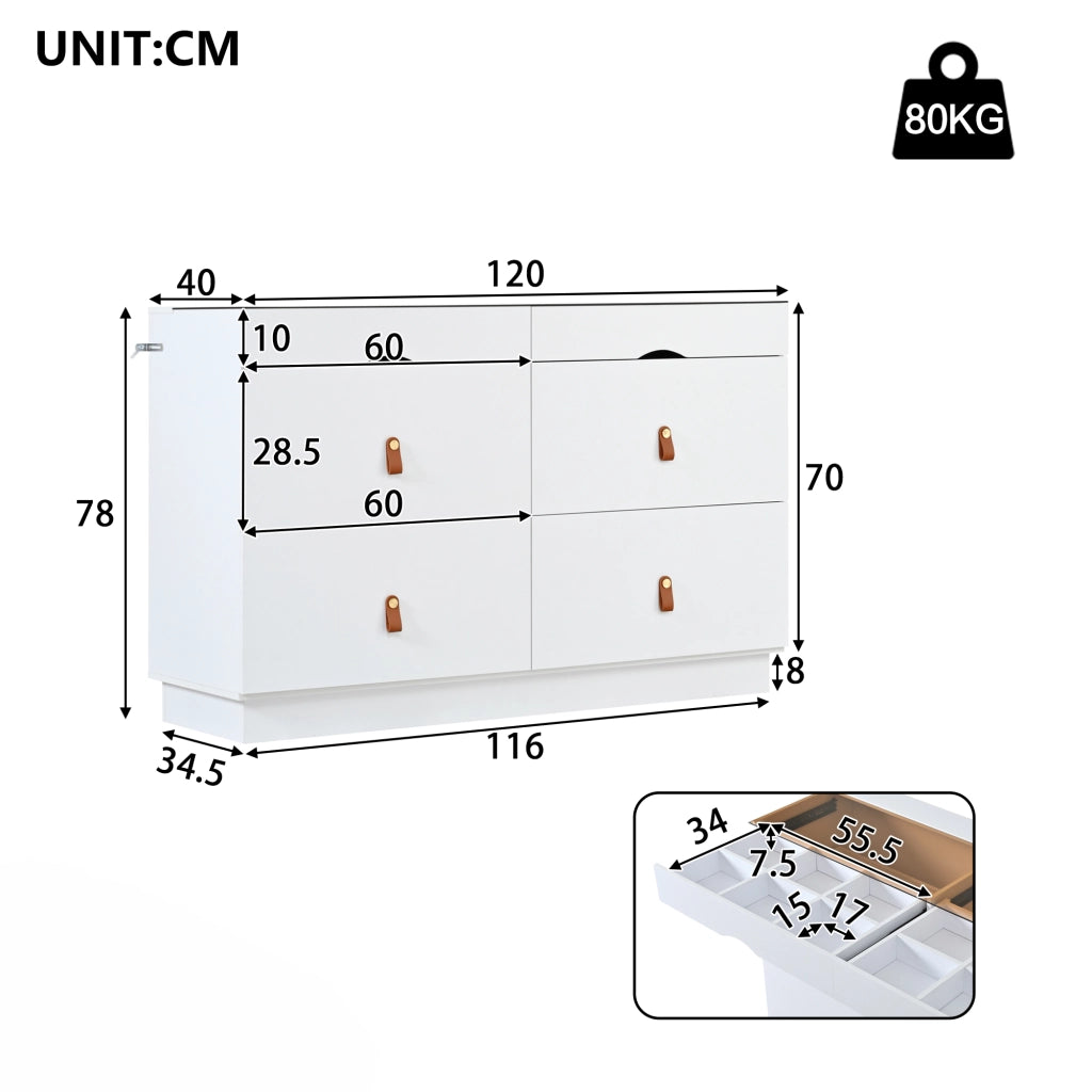 Cassettiera con 6 Cassetti e Ante in Vetro ¨C MINIMAL ¨C Bianco, 120x40x78 cm