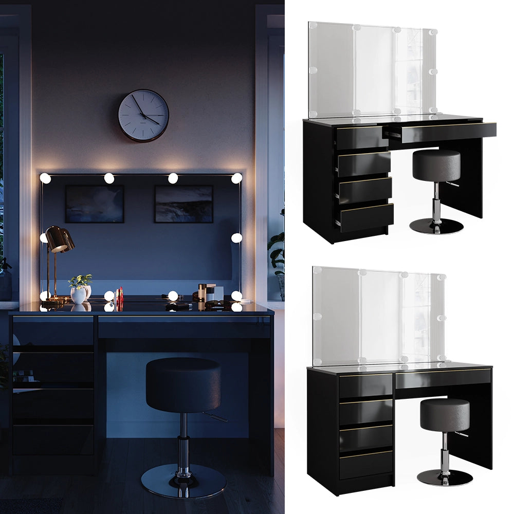 Vicco Tavolino da toilette Nero/oro 120 cm con illuminazione a LED e sgabello