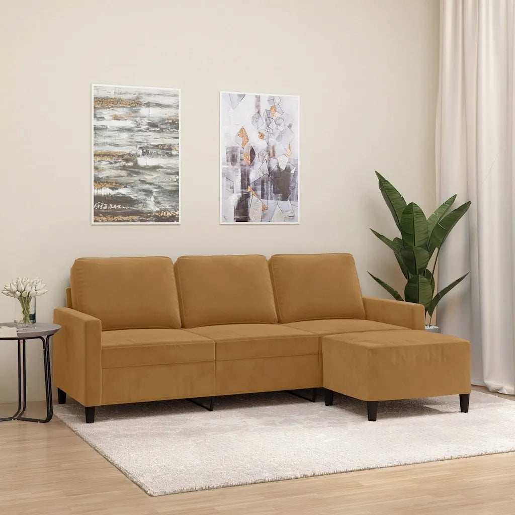 Divano a 3 Posti con Poggiapiedi Marrone 180 cm in Velluto 3201062