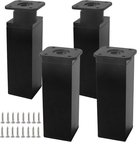 Set di 4 gambe regolabili per mobili, gambe da tavolo nere, 12 cm, con 16 viti, adatto per armadi cucina e tavoli.
