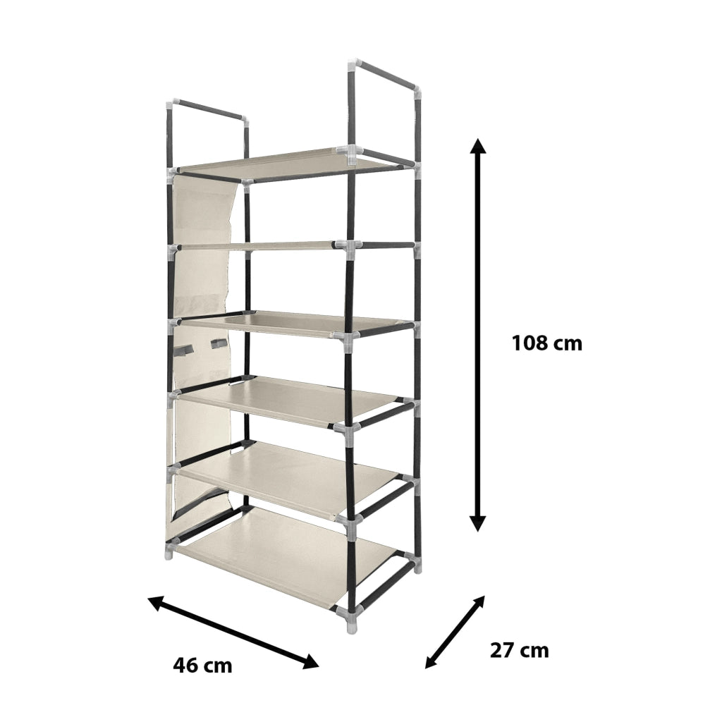 Scarpiera in tessuto, 6 ripiani, 18 paia | Appendino laterale con 3 tasche | Realizzata in PVC e tessuto non tessuto | Organizzatore per scarpe | 46x27x108 cm