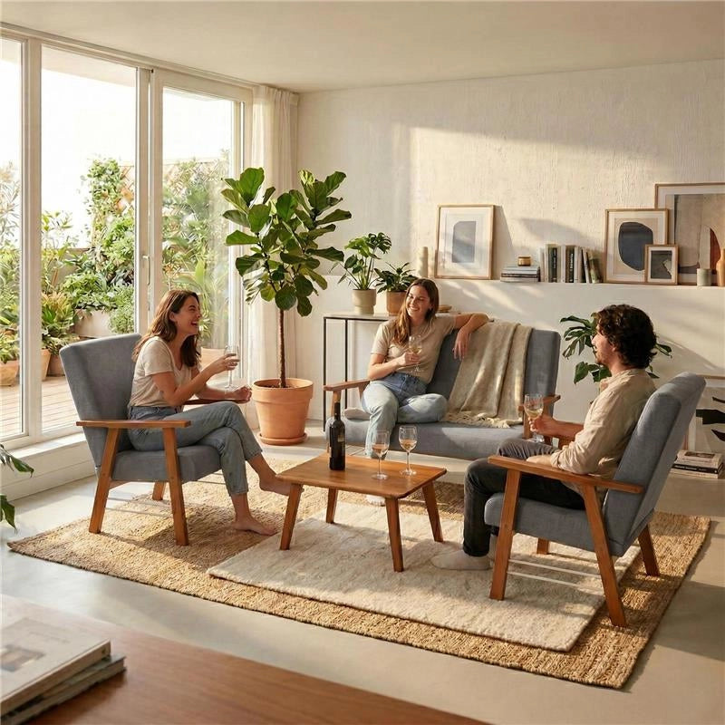 SET SALOTTO DA GIARDINO CON DIVANO, 2 POLTRONE + TAVOLINO IN LEGNO TABACCO E TESSUTO COLORE GRIGIO