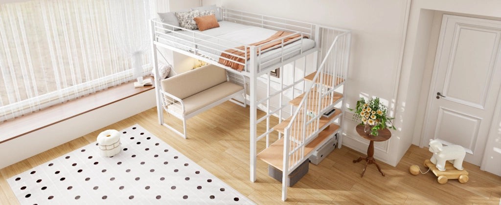 Letto a castello in metallo e MDF 140x200 cm con divano imbottito, scala contenitore e struttura salvaspazio, Bianco