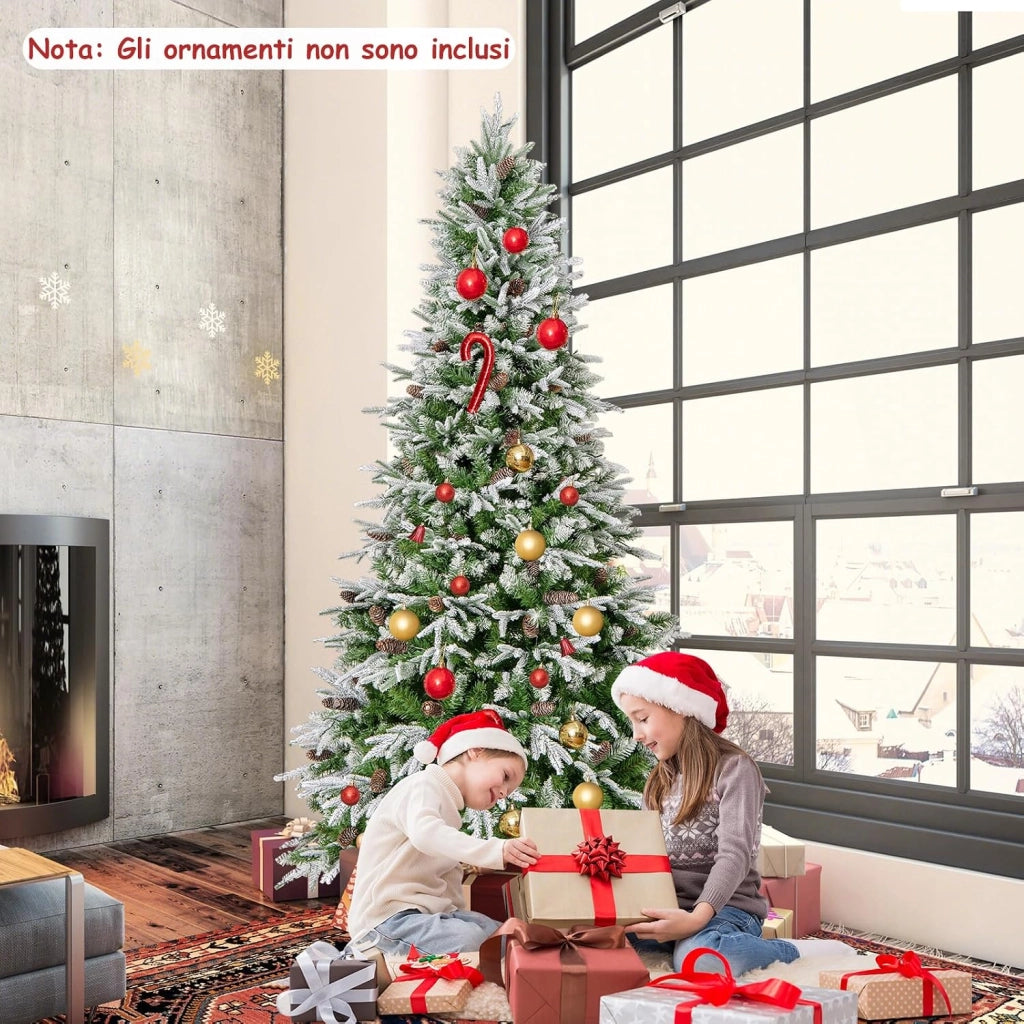 Albero di Natale Artificiale Pre-Luminoso 225 CM, Albero di Natale Innevato con 470 Luci LED Bianche Calde, 1135 Punte, 81 Pigne e Base Metallica (225 CM)