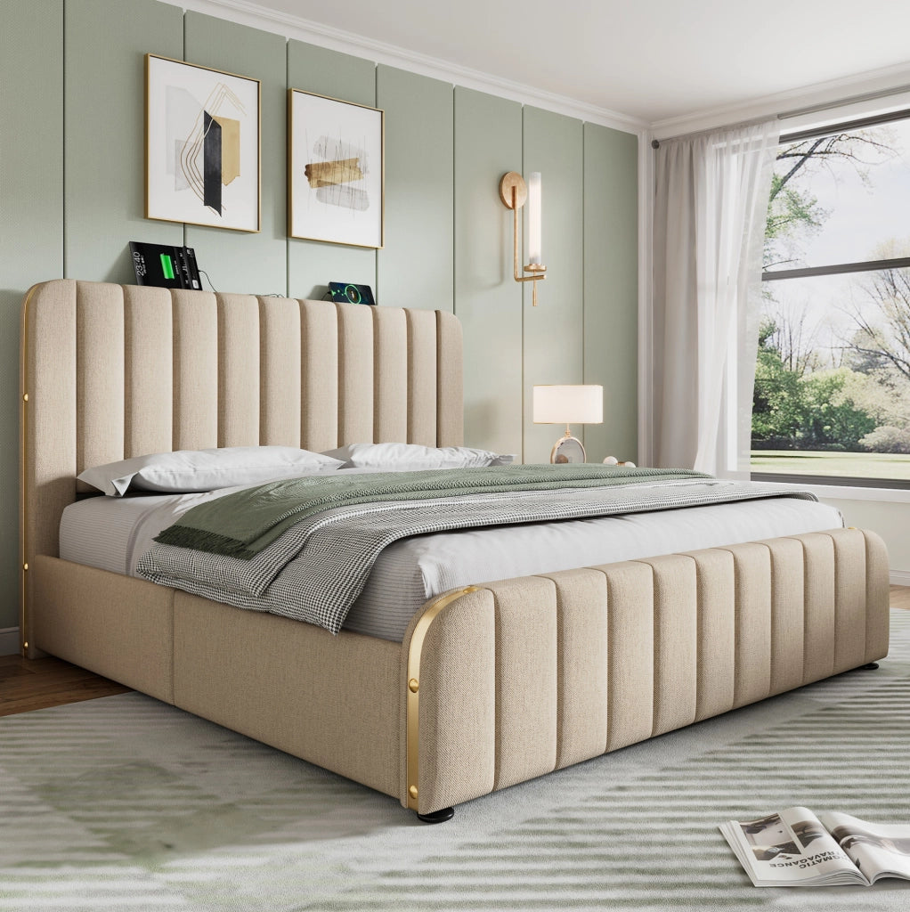 Letto matrimoniale imbottito ULEVR 180x200 cm con 4 cassetti, USB e Type-C, lino beige