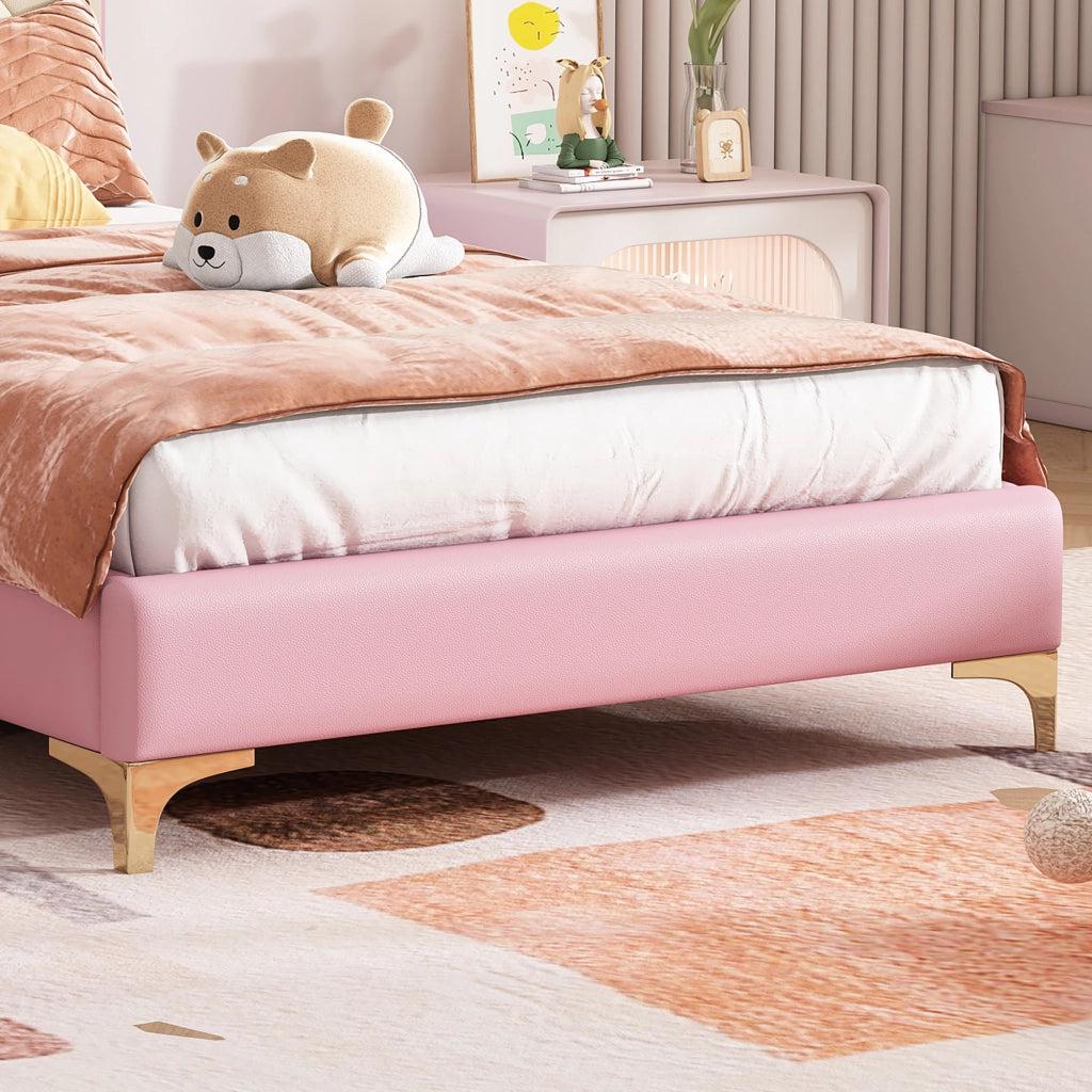 DESMIU Letto singolo 1 posto con LED multicolore e testiera ondulata, 90 × 200 cm, senza materasso, PU rosa e bianco