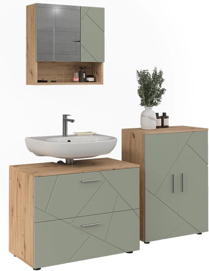 Set di mobili da bagno Irma, Verde salvia, 80 cm, composto da mobile sottolavabo, specchiera e mobile medio