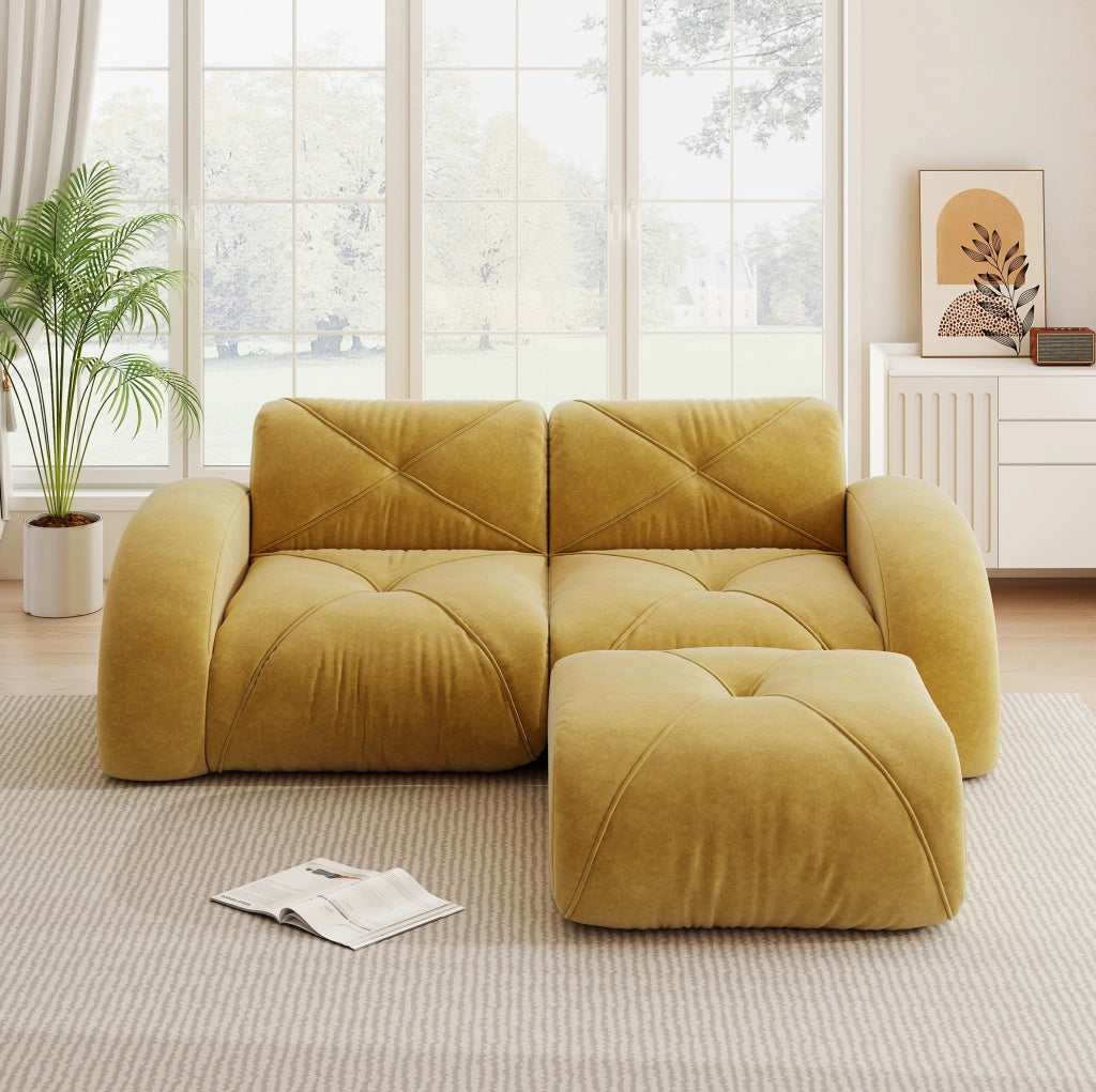 Divano modulare 2 posti con pouf senza telaio in ciniglia e schiuma 32D; giallo