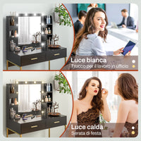 Consolle Trucco 2 Cassetti 6 Ripiani e Specchio 90x45x132,5 cm in Legno e Acciaio Nero