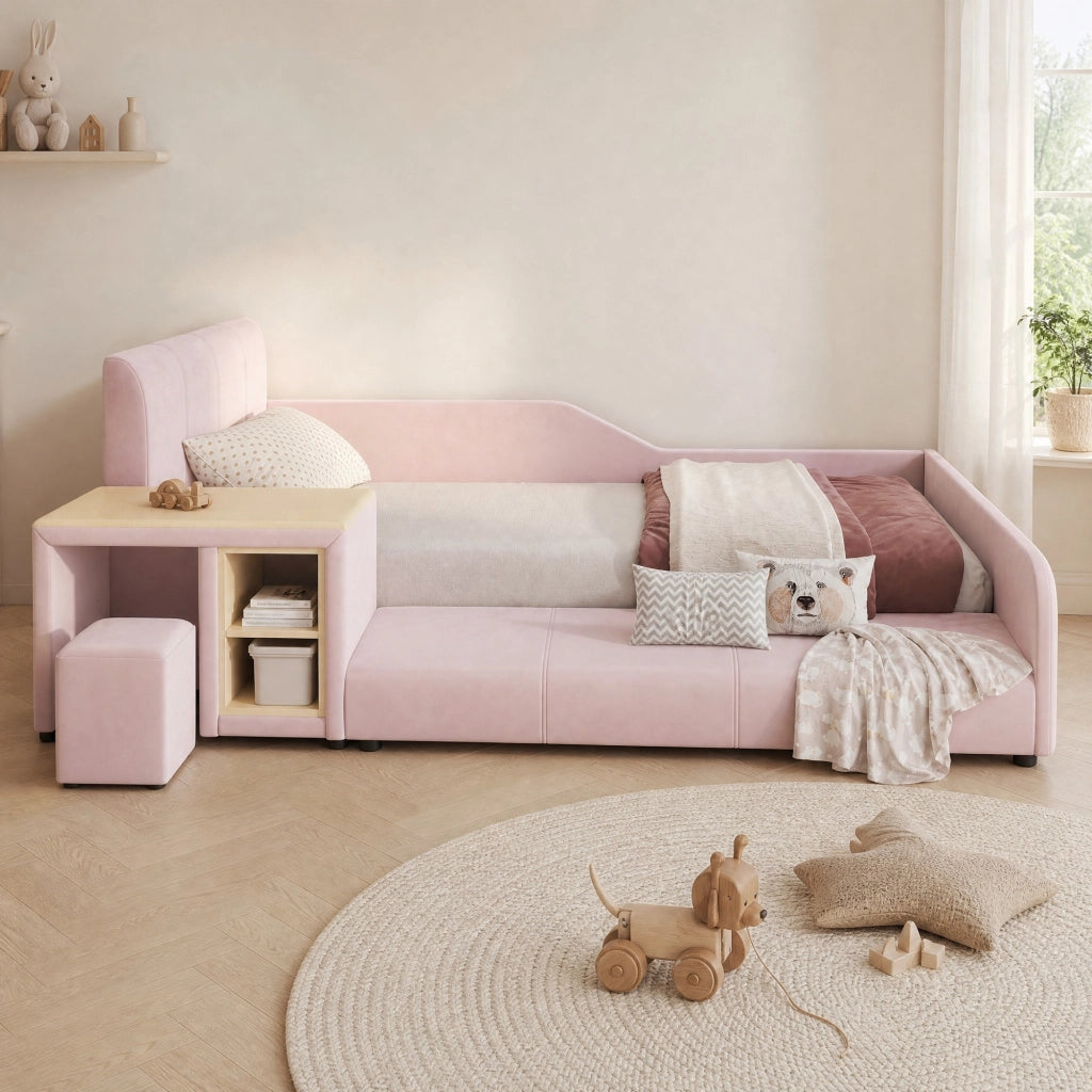 Letto singolo 90x200 cm rosa in velluto con scrivania e sgabello, senza materasso