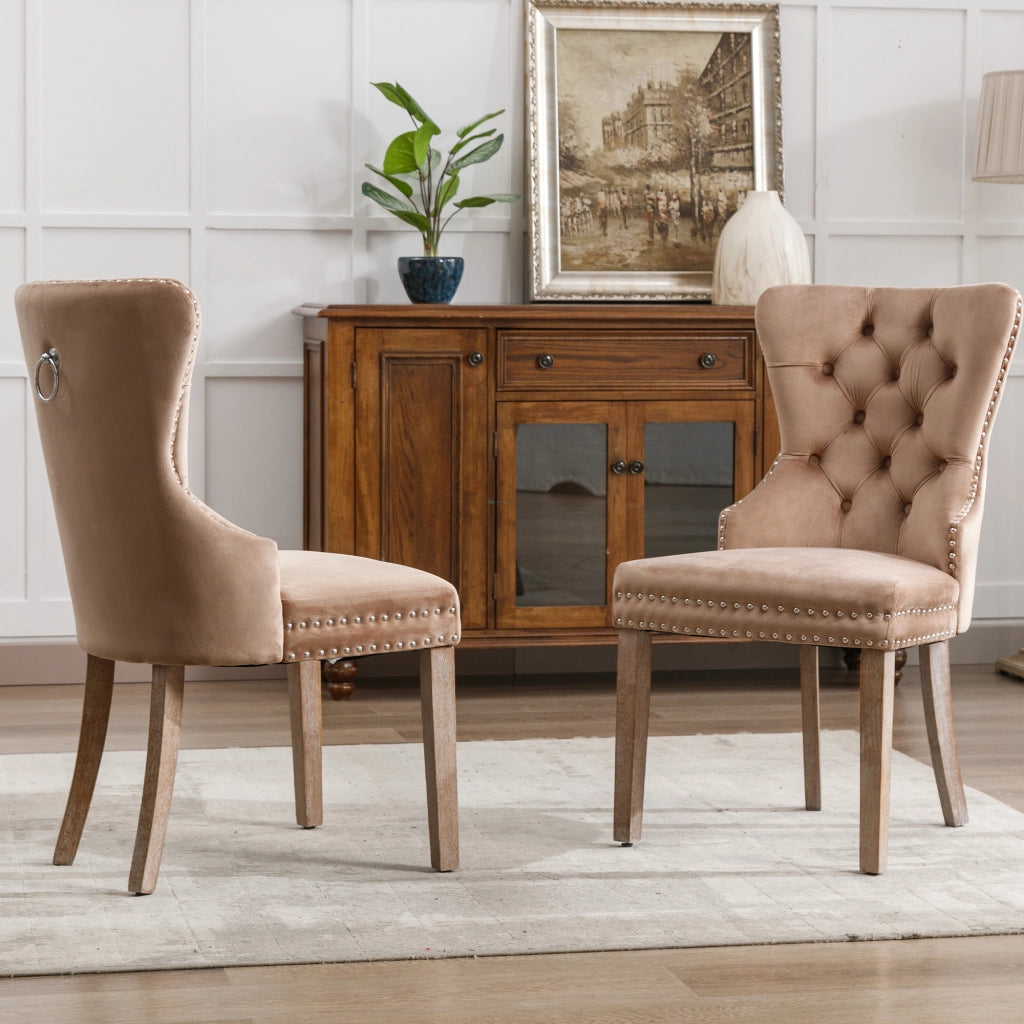 Sedie da Pranzo Imbottite in Velluto ¨C MINIMAL ¨C Set 2 Pezzi, Gambe in Legno Massello, Marrone