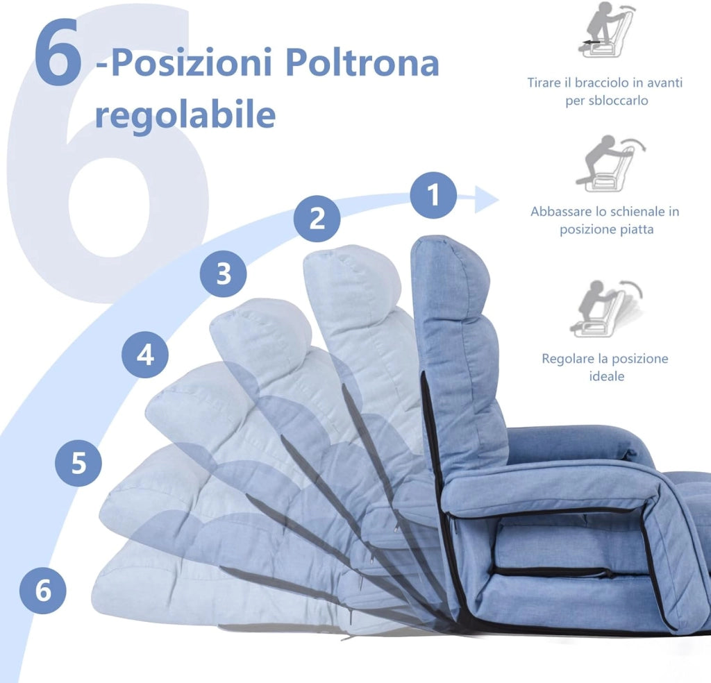 Poltrona Divano con 5 Livelli Regolabili, Sedia da Terra con Braccioli e Cuscino, Struttura in Acciaio, Multifunzione e Pieghevole per Soggiorno Camera da Letto, 55x66x71 cm (Blu)