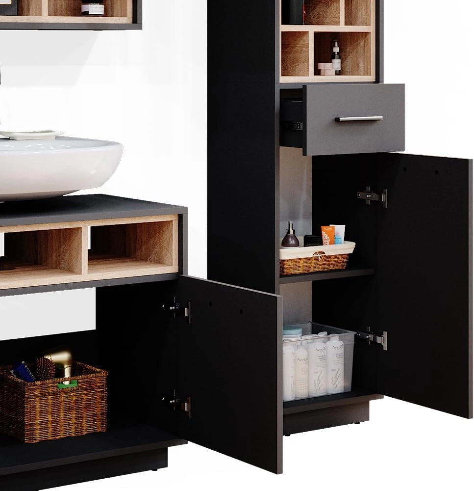 Set mobili bagno Beatrice, Antracite, 80 cm, composto da mobile sottolavabo, specchiera e colonna alta