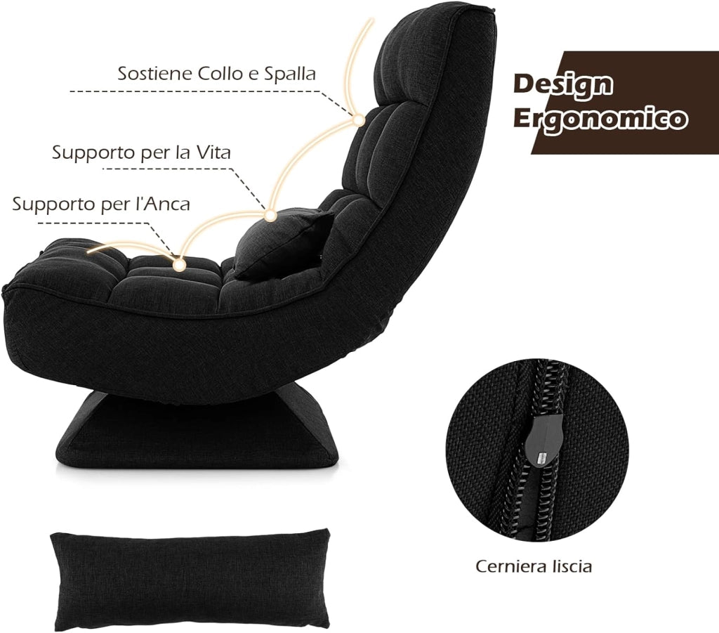 Poltrona da Terra Girevole 360°, Poltrona Relax con Schienale Regolabile a 4 Posizioni, Sedia Pieghevole con Base, per Soggiorno Camera da Letto (Nero)