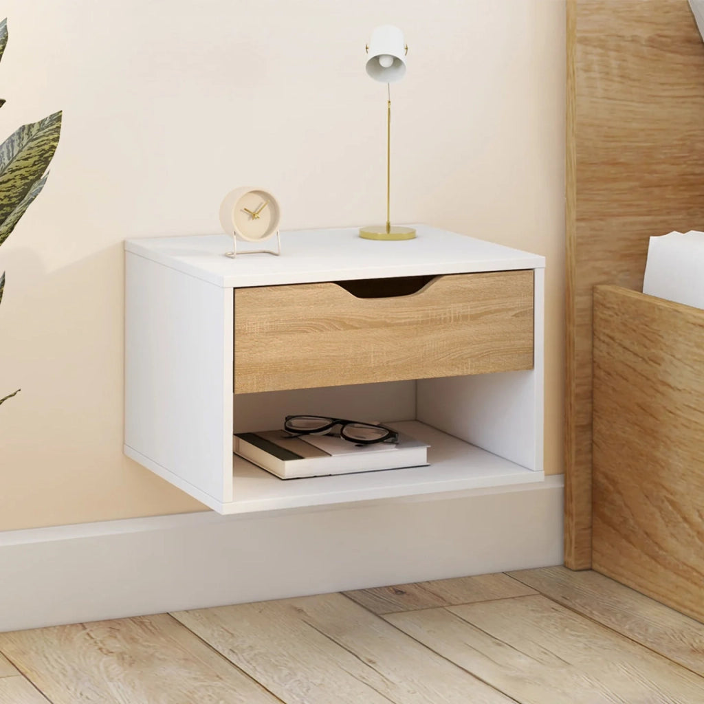 IDMarket - Set di 2 comodini a parete a 1 cassetto CATHY con nicchia in faggio bianco