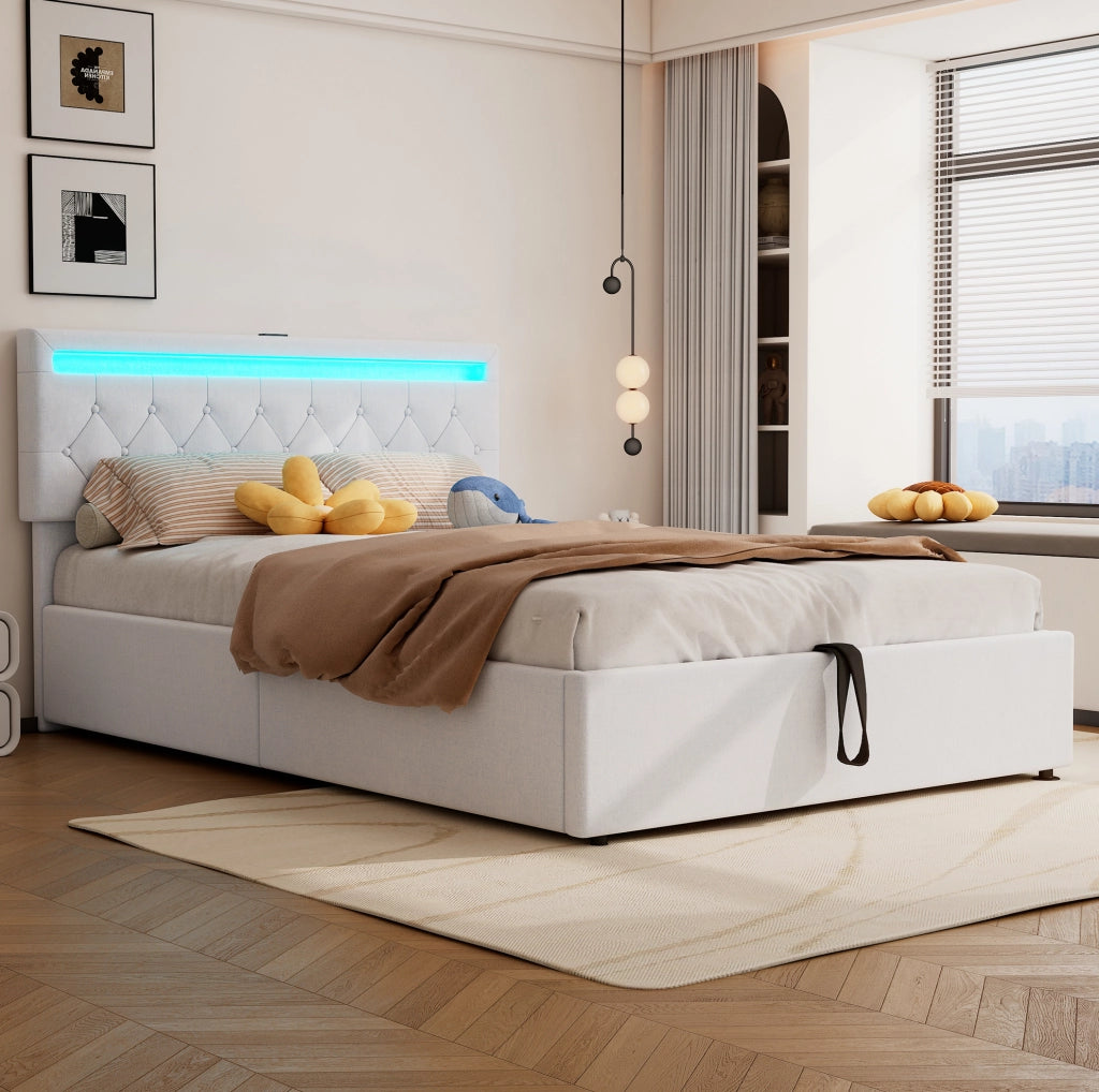 Letto imbottito 140x200 cm con contenitore, LED integrato e porte USB e USB-C