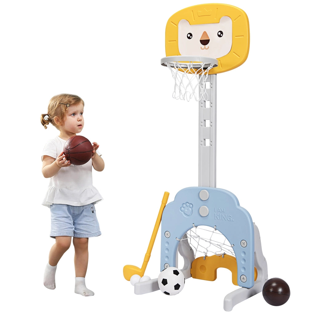 Canestro da basket 3 in 1 con 5 altezze regolabili, Canestro da basket e gioco del golf per bambini Giallo