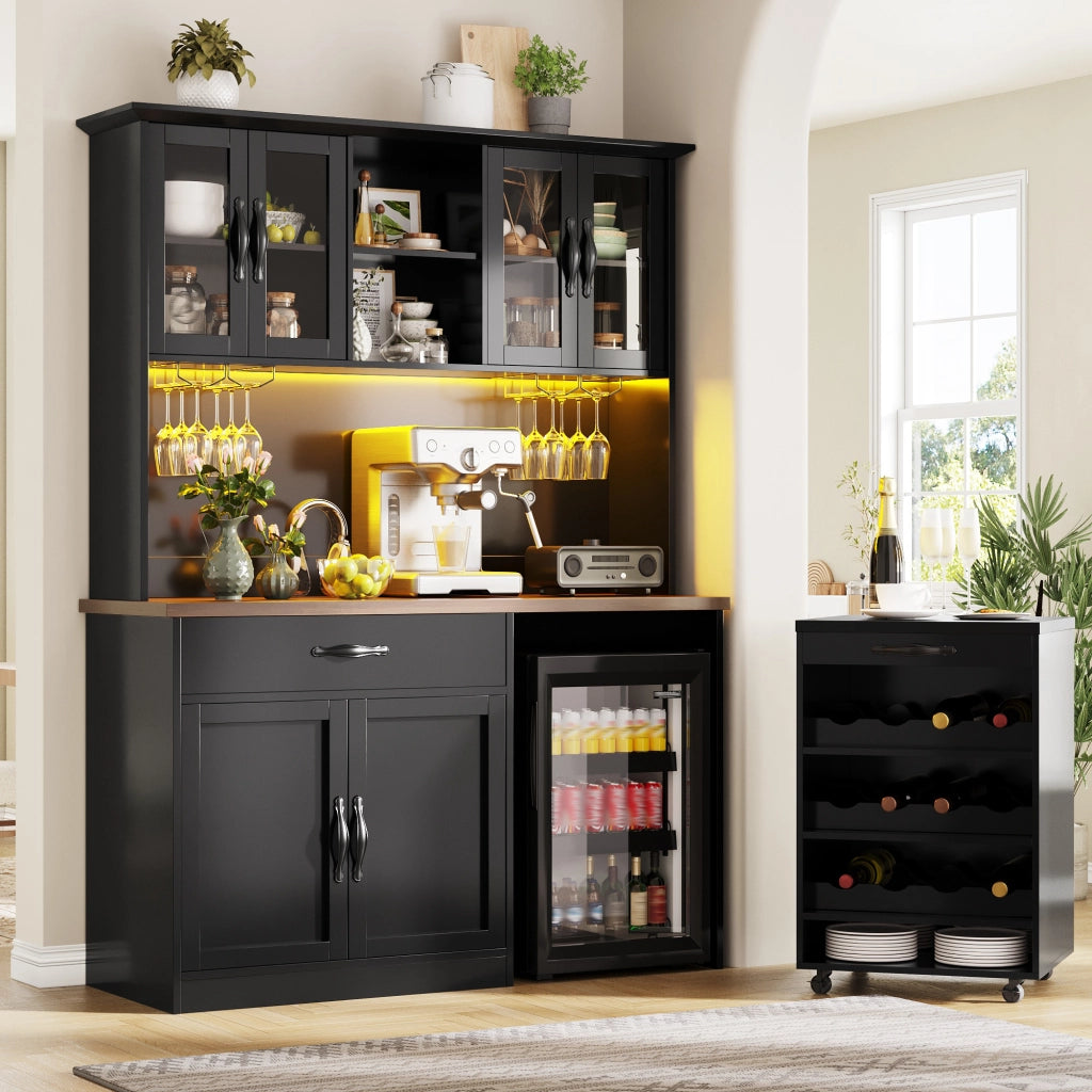 ARMADIO CUCINA 140x38x180 cm Nero in MDF con carrello estraibile e LED