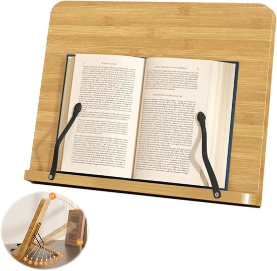 Registrazioni Cucina, supporto per libri di ricette in legno per la cucina, angolo regolabile e chiusura con clip, contenitore per riviste per il tavolo da lavoro, supporto per laptop, supporto per tavolo in legno - 34x24x4cm